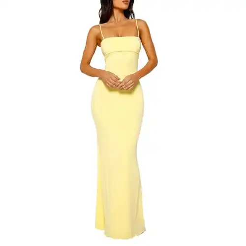 UAURORAO Women Y2k Sleeveless Maxi Dress Square Neck Backless Bodycon Long Dress Summer Formal Wedding Guest Dress Cocktail (A Yellow, S)