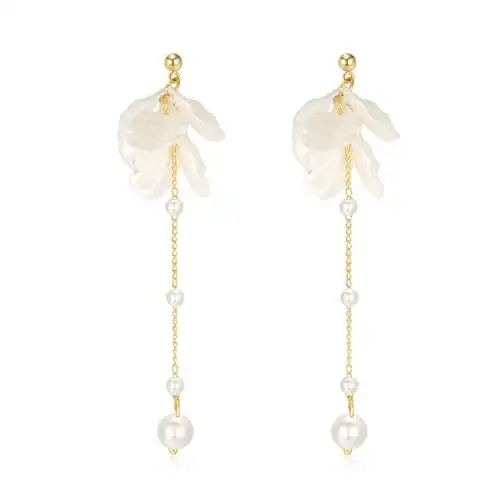 KRUCKEL White Pressed Flower Dangle Earrings | Golden Studs with Pearl like Drops | Hypoallergenic, Lightweight Jewelry for Women | Sparkle at Birthday, Anniversary, Graduation, Wedding