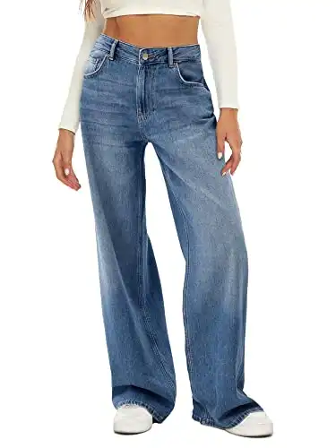 HDLTE Women Wide Leg Jeans High Waist Baggy Jeans Loose Boyfriend Jeans Denim Pants Y2K Light Blue