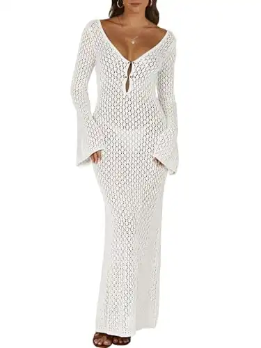 ANRABESS Womens Swimsuit Swim Crochet Cover Up 2024 Summer Knit Bathing Suit Sexy Swimwears Vacation Bodycon Beach Dress White Medium