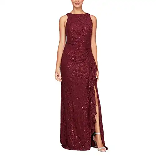 Alex Evenings Women's Long Sleeveless Mother of The Bride Dress w/Cascade Ruffle & Front Slit, (Petite and Regular Sizes), Wine, 8