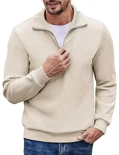 COOFANDY Mens Quarter Polo Mock Neck Corduroy Pullover Casual Solid Sweatshirt Beige