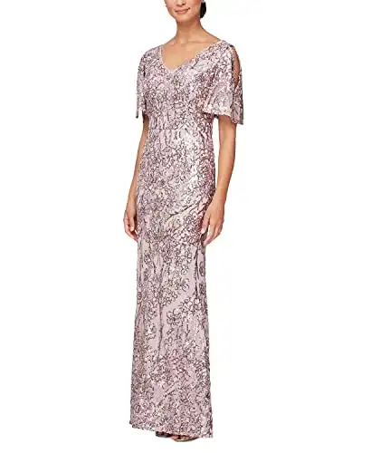 Alex Evenings womens Long Sequin With Flutter Sleeves Special Occasion Dress, Blush, 18 US