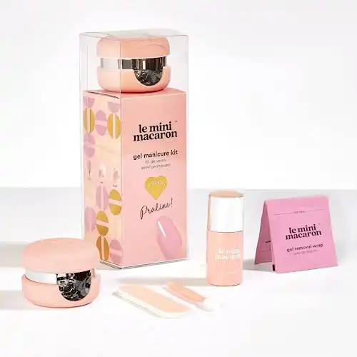 Le Mini Macaron DIY Gel Manicure Kit | Gel Nail Polish Kit w/ LED Nail Dryer Lamp, 1 Gel Polish, Cuticle Stick, Nail File, & Remover Wraps, Praline (Praline)