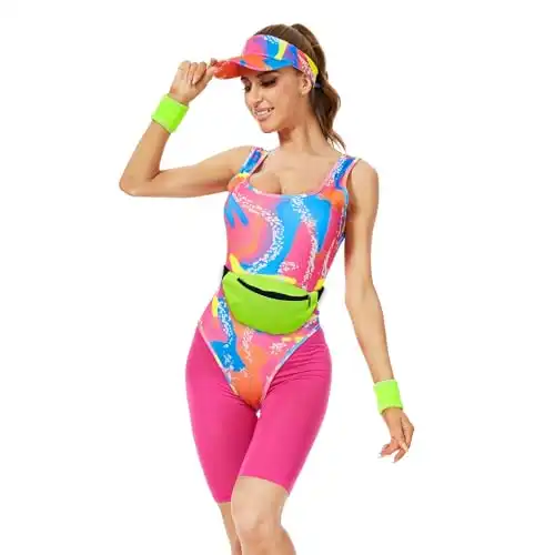 Yonroik 80s Workout Costume Halloween Cosplay Couples Outfits Swimwear Suit 80s 90s Workout Outfit Party Clothing for Women (Pink, Small)