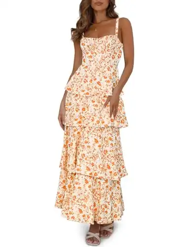 Fisoew Womens Floral Maxi Dresses Spaghetti Strap Casual Sleeveless Ruffle Flowy Tiered Dress Orange