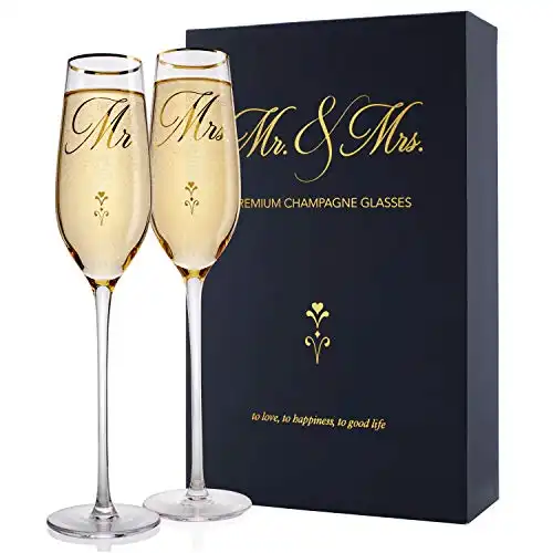 Bride and Groom Champagne Glasses (8 oz), Gold Print Mr and Mrs Glasses for Wedding Glasses and Toasting Flutes, Bridal Shower Gifts, Engagement Gift, Comes with Gift Box and Note Card