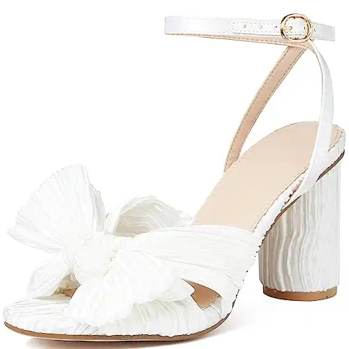 Lovee Cosee Women's Bow Knot Heeled Sandals Pleated Open Toe Ankle Strp Chunky Heels for Bride Wedding