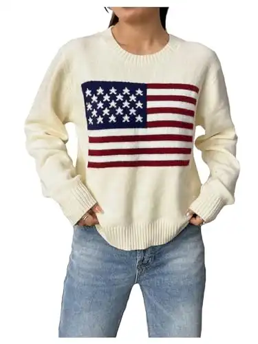 GORGLITTER Women's American Flag Graphic Long Sleeve Sweater Knit Round Neck Pullover Top Apricot Large