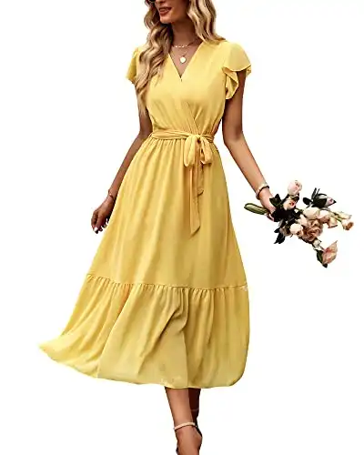 Bequemer Laden Women's Summer Floral Dress Wrap V Neck Short Sleeve Belted Ruffle Beach A-Line Bohemian Maxi Dresses D-Yellow