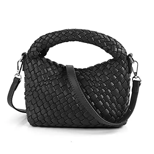 Woven Purse For Women, Small Crossbody Tote Bag with Detachable Shoulder Strap, Girls Top Handle Handbag (Black)