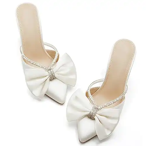 Coutgo Womens Bow Heels Mules Pointed Closed Toe Sandals Rhinestone Satin Backless Wedding Shoes, Beige, Size 8