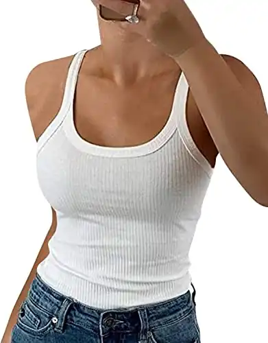 GEMBERA Women Spaghetti Strap Scoop Neck Ribbed Tank Tops Slim Fitted Cotton Camisole Basic Sleeveless Layering Shirts(3227 White M)