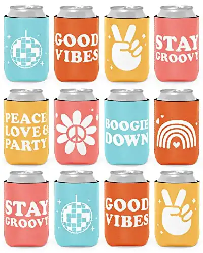 12-Pack Retro Bachelorette Party Can Cooler 70s Theme Beverage Sleeves Favor for Disco Bridal Shower Party Supplies Hippies Groovy Party Decorations