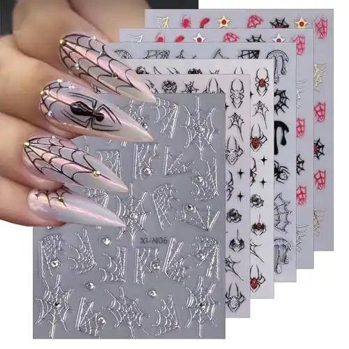 Halloween Nail Stickers for Nail Art Spider Web Spiders Nail Art Stickers with Rhinestones Design Red Black Spider Nail Decals Classic Halloween Nail Art Decoration for Women Manicure Accessories-6Pcs