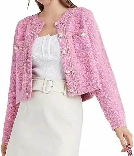 URBAN REVIVO Women's Casual Cardigans Open Front Chunky Short Cardigan Pearl Button Long Sleeved Cropped Sweater Outwear Pink, Large