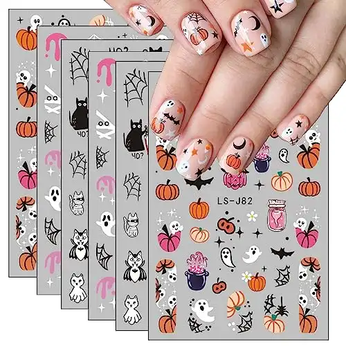 Halloween Nail Art Stickers Cute Ghost Pumpkin 3D Self-Adhesive Nail Decals Bat Cat Skull Designs Nail Decorations Halloween DIY Manicure Supplies for Women Girls&Kids 6Pcs