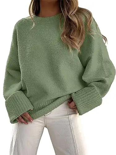 Prinbara Womens Oversized Sweater Crewneck Long Sleeve Fuzzy Knit Chunky Warm Pullover Sweaters Top 2024 Fall Trendy Outfits Amry Green X-Large