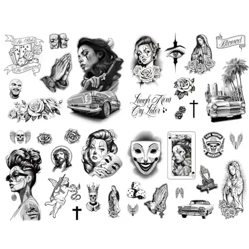 Los Vatos Chicano Vol. II - 36 Designs - Cholo Chola Temporary Tattoos For Men Women, Payasa, Lowrider, Virgin Mary, Prayer, Cross, Chicana, Gangster, Fake Tattoo, Día de Muertos, Tatuajes Temporales