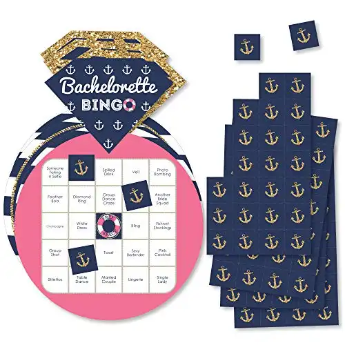 Big Dot of Happiness Last Sail Before The Veil - Bar Bingo Cards and Markers - Nautical Bachelorette and Bridal Shower Shaped Bingo Game - Set of 18