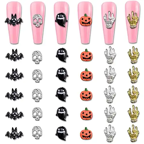 WOKOTO 30Pcs Halloween Nail 3d Charms For Women Nails Metal Nail Charms For Acrylic Nails Bat Pumpkin Skull Hand Ghost Halloween Nail Jewelry And Decorations Kit For Women Girls Nail Art Accessories