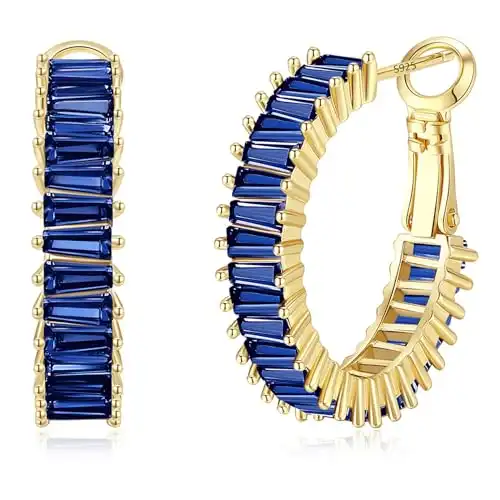 GLOQUAT Gold Blue Sapphire Hoop Earrings 14K Gold Plated Sapphire Earrings for Women Vintage Blue Cubic Zirconia Hoop Earrings Fashion Round Circle Hoops Earrings Sapphire Jewelry for Women Girls 25mm