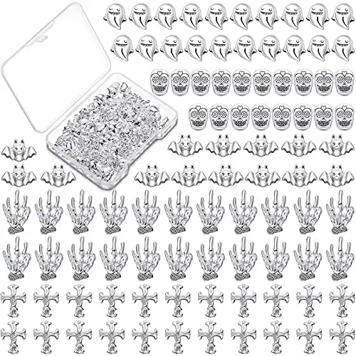 Leelosp 100 Pieces Easter 3D Nail Charms Halloween Skull Ghost Bat Skeleton Punk Hand Shape Nail Charms Metal Alloy 3D Vintage Nail Decor for DIY Nail Tip Cellphone Crafts(Silver)