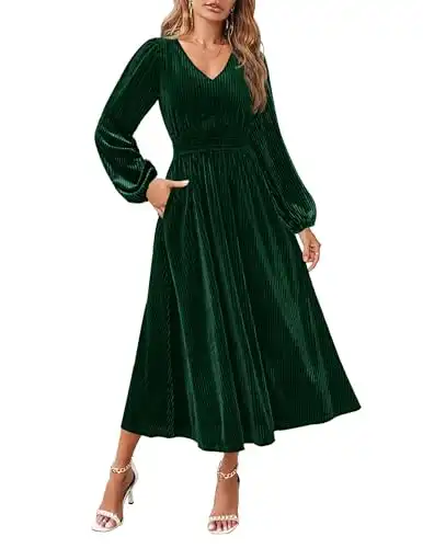 ZESICA Women's Velvet Midi Dress Casual V Neck Long Sleeve Solid Color Elastic High Waist Flowy Evening Party Dresses,Green,Medium