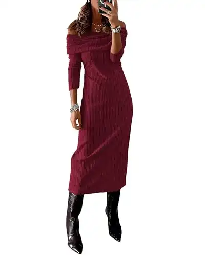 PRETTYGARDEN Women's Fall Dresses 2024 Sexy Off Shoulder Long Sleeve Bodycon Ribbed Knit Club Wedding Pencil Midi Dress(Wine Red,Large)