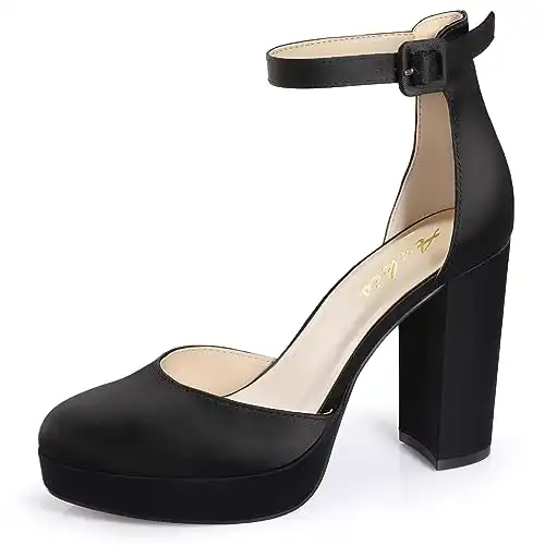 Ankis Platform Closed Toe Heels for Women, Black Satin Womens Heels Closed Round Toe Chunky Block Pumps Shoes, 4 Inch